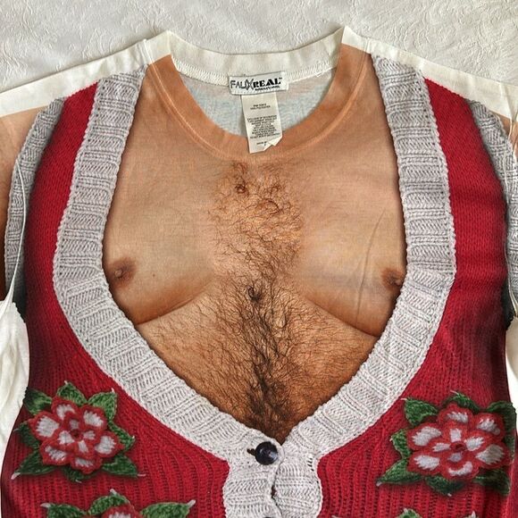 Faux Real Mans Hairy Chest In Ugly Christmas Sweater Vest T shirt Size Medium - Picture 2 of 9